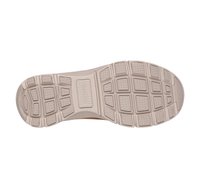Sneakersula i ljusbeige gummi med en texturerad yta och olika mönster och spår för grepp och fäste.