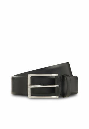 Sort læderbælte med en sølv rektangulær spænde og en lille løkke, vist sammenrullet på en hvid baggrund.