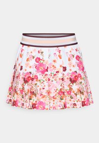 Floral pleated skirt featuring pink and white fabric, an elastic waistband with contrasting bands, and a lightweight, textured design.