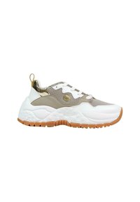 White and beige sneaker with mesh and suede panels, gold metallic accents, white laces, and a chunky white sole with a gum outsole.