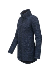 Veste polaire zippée pour femme bleu foncé avec col montant, manches longues et poches latérales, présentée sur fond blanc.