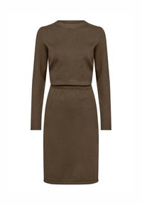 Pleteni0261a obleka v temno rjavi barvi z dolgimi rokavi, okroglo ovratnico in elastičnim pasom, ki ima oprijet silhueto in rebraste manšete.