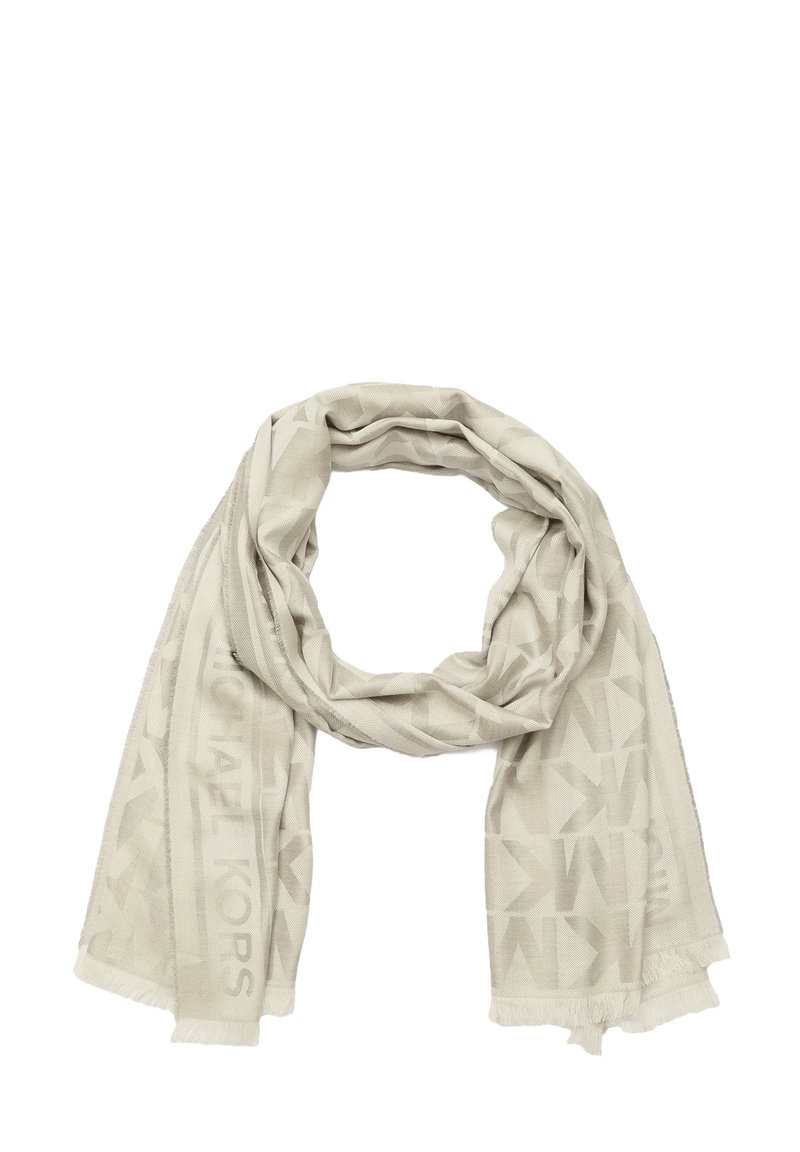 Sciarpa beige chiaro realizzata in tessuto morbido, con un motivo a copertura totale del nome del marchio e forme geometriche, con bordi sfilacciati.