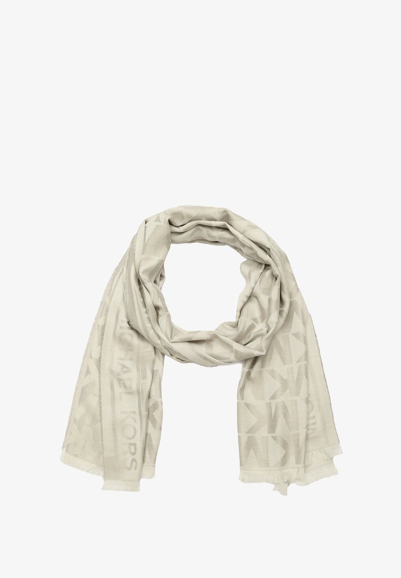 Sciarpa beige chiaro realizzata in tessuto morbido, con un motivo a copertura totale del nome del marchio e forme geometriche, con bordi sfilacciati.