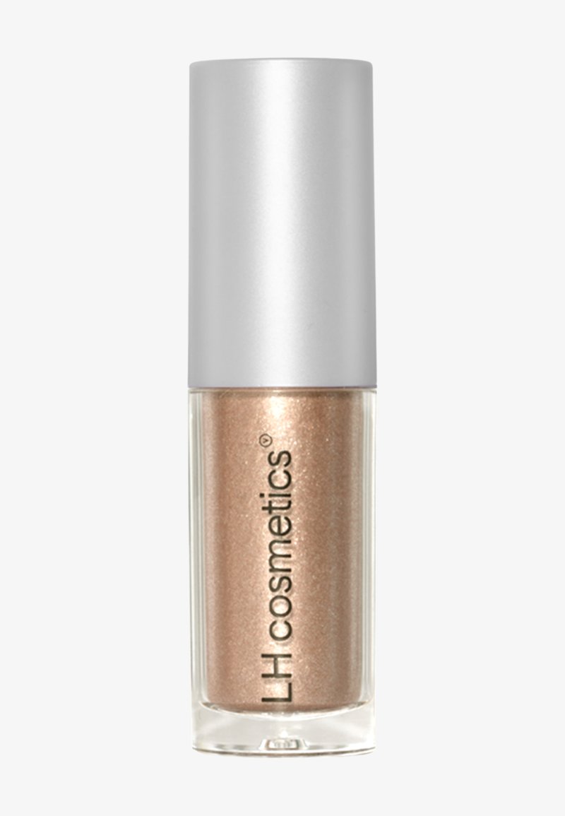 Flacon cylindrique transparent avec maquillage liquide métallique couleur or rose et bouchon mat argent clair étiqueté LH cosmetics.