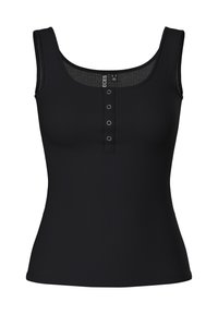 Svart ribbad linne med rundad halsringning, med fem metallknappar, smala axelremmar och en åtsittande passform. Mjuk tygtextur.