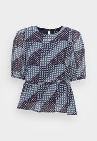 Blusa com mangas bufantes em tecido leve e transparente, apresentando um padrão floral geométrico em azul e azul marinho, com uma cintura peplum e detalhe em forma de olho de chave nas costas.