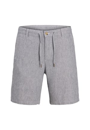 Grå linshorts med et teksturert mønster, med justerbar snor og en knapp i messing foran.