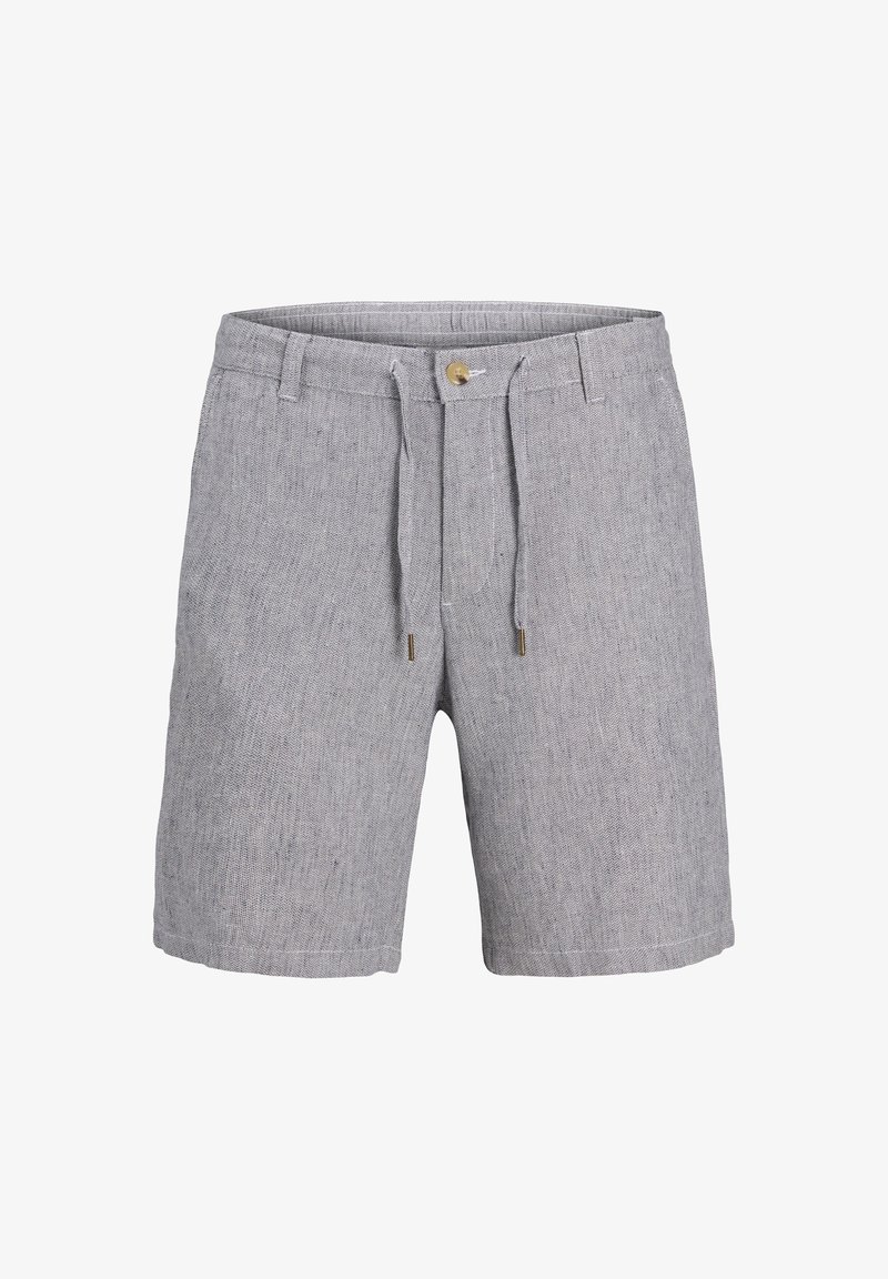 Γκρι λινά σορτς με υφασμάτινο μοτίβο, διαθέτουν ρυθμιζόμενο κορδόνι και κλείσιμο με ορειχάλκινο κουμπί στο μπροστινό μέρος.