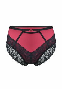 Bielizna wysoka w talii z odważnym czerwonym przodem i szczegółowym czarnym koronkowym wykończeniem, z ozdobnym czarnym pasem w talii.