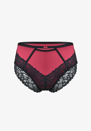 Bielizna wysoka w talii z odważnym czerwonym przodem i szczegółowym czarnym koronkowym wykończeniem, z ozdobnym czarnym pasem w talii.