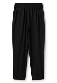 Svarta byxor med elastisk midja och rak passform, med en slät yta och kort längd, lämpliga för vardagsbruk eller träning.