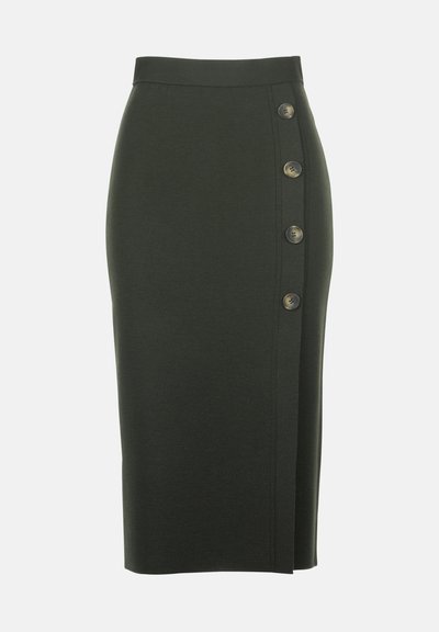 Knee-length dark green pencil skirt, made of stretchy fabric, features a side slit and five circular buttons along the hem.