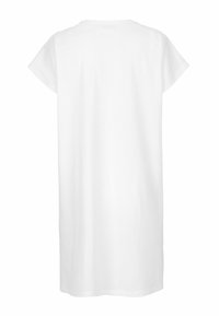 Valkoinen, lyhythihainen mekko rentoa leikkuuta. Valmistettu pehmeästä puuvillasta, yksinkertainen ja sileä muotoilu ilman koristeita tai kuvioita.