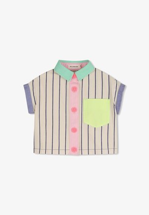 Chemise à manches courtes rayée couleur crème, avec des boutons roses, un col vert menthe et une poche vert néon. Tissu léger en coton.