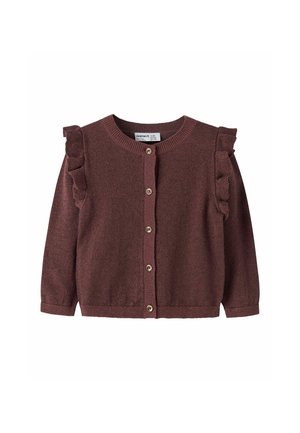 Cardigan marron à manches longues en maille avec boutons à l'avant et détails à volants sur les épaules, adapté aux enfants.