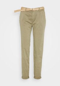 Světle zelené bavlněné kalhoty se zúženým střihem, s tkaným béžovým páskem a ohrnutými manžetami pro příležitostný vzhled.