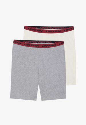 To sæt herreboxershorts: et gråt sæt med en mønstrede rød og sort talje, og et cremefarvet sæt med et lignende taljedesign.