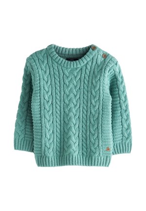 Jasnoturkusowy dziergany sweter niemowlęcy z warkoczowymi wzorami, okrągłym dekoltem, ściągaczami na mankietach i dole oraz dwoma brązowymi guzikami na lewym ramieniu.