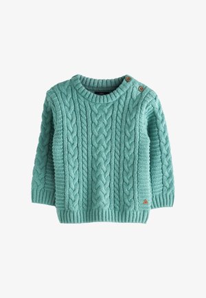 Hell-türkisfarbener gestrickter Babysweater mit Zopfmustern, Rundhalsausschnitt, gerippten Bündchen und Saum sowie zwei braunen Knöpfen auf der linken Schulter.