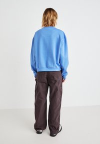 Lyseblå sweatshirt med ribbestrikket hals og ermer, kombinert med løstsittende, mørkebrun cargo-bukser med side-lommer.