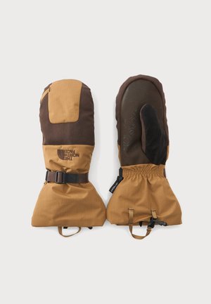 Paire de moufles isolées marron et beige avec sangles de poignet réglables et détail antidérapant sur une paume, conçues pour une utilisation par temps froid.