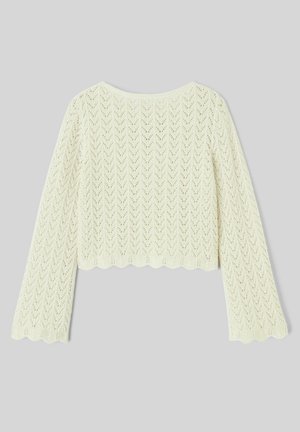 Pull en crochet blanc à manches longues avec ourlets festonnés et motif en dentelle chevrons sur un fond uni.