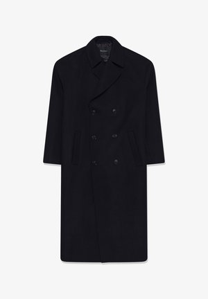 Schwarzer Wollmischung Doppelreiher-Mantel mit eingeklapptem Kragen, zwei Fronttaschen und glatter Textur, ausgestattet mit sechs passenden Knöpfen.