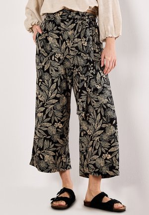Schwarze weit geschnittene Hose mit einem detaillierten Blumen- und Blattmuster in Goldtönen. Aus leichtem Stoff mit entspannter Passform gefertigt.