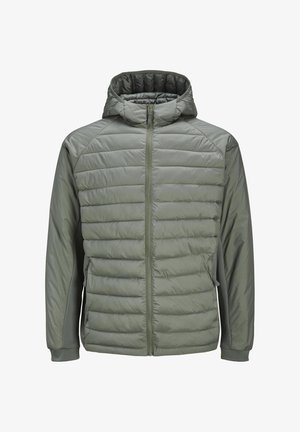 Padded hooded jacket in olive green, featuring a zip front, quilted texture, and elastic cuffs for a fitted look.