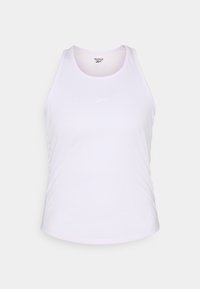 Hvid atletisk tanktop med rund halsudskæring, tynde stropper og en subtil lilla detalje. Har et lille Reebok-logo på forsiden.