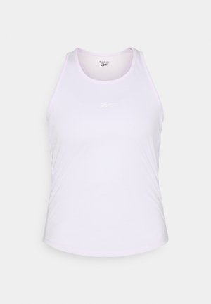 Top sportivo bianco senza maniche con scollo rotondo, spalline sottili e un accento sottile di colore viola. Presenta un piccolo logo Reebok sul davanti.