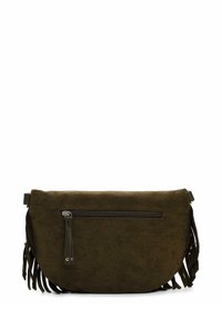 Borsa a tracolla in suede marrone con dettagli frangianti, forma curvata e una tasca frontale con zip. Cinghia semplice per il trasporto. Tessuto morbido.