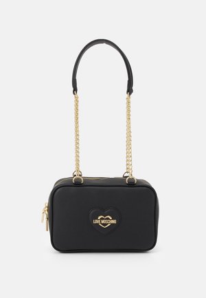 Black rectangular Love Moschino handbag with gold chain strap and heart-shaped logo patch on front.