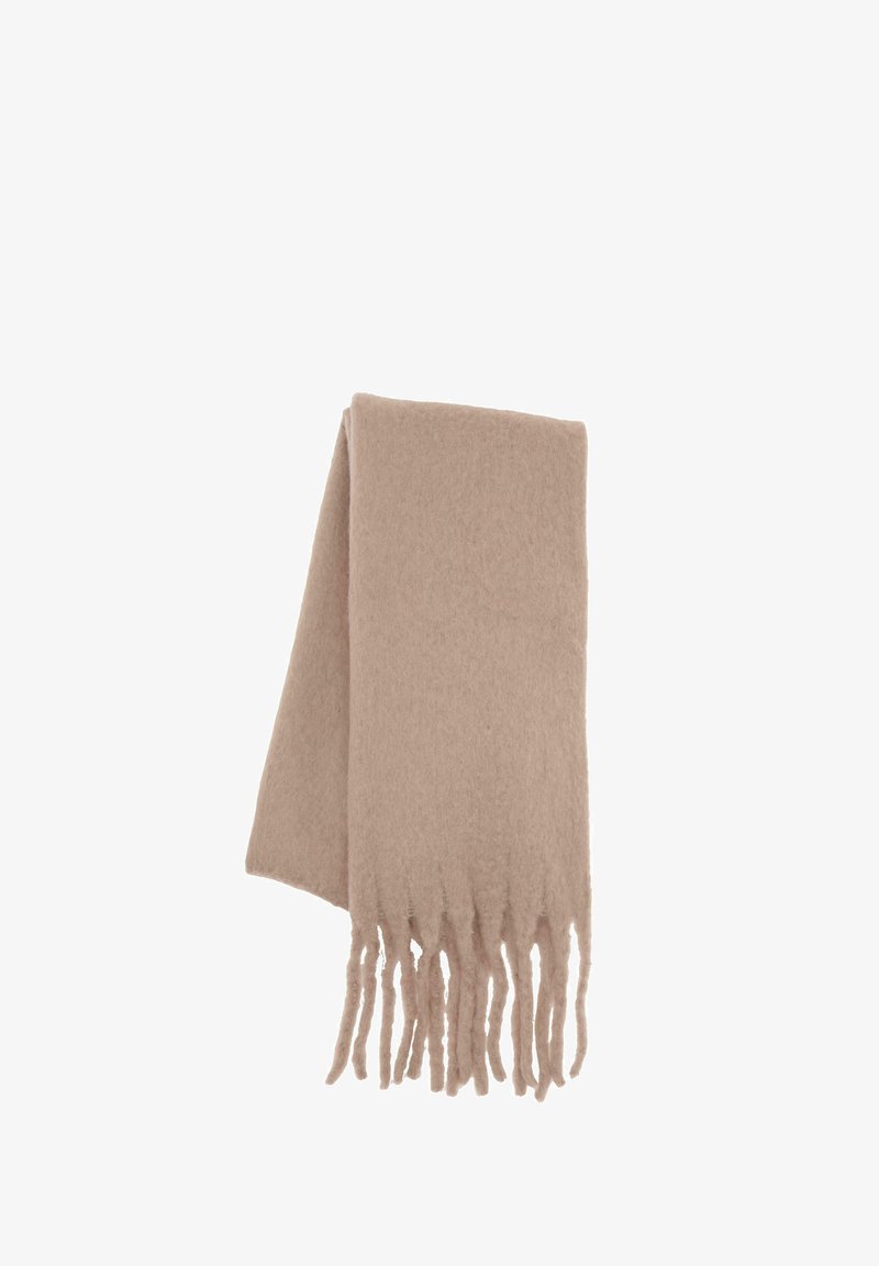 Eșarfă bej din lână cu margini desfăcute, având o textură moale și o formă rectangulară, concepută pentru căldură și confort.