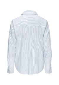 Camisa de manga larga con rayas verticales en azul claro y blanco, con puños abotonados, mostrada desde atrás sobre un fondo blanco.