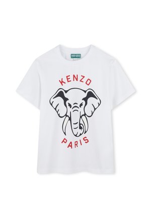 Witte katoenen t-shirt met een zwarte olifantgrafiek, vergezeld van rode tekst "KENZO" en "PARIS", ronde hals en korte mouwen.