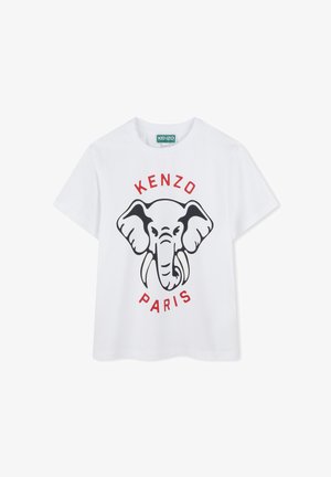 T-shirt en coton blanc avec un graphique d'éléphant noir et le texte rouge "KENZO" et "PARIS", col rond et manches courtes.
