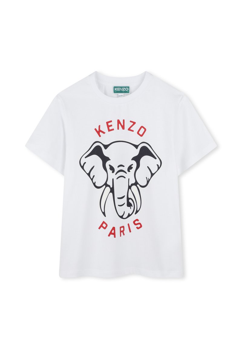 T-shirt en coton blanc avec un graphique d'éléphant noir et le texte rouge "KENZO" et "PARIS", col rond et manches courtes.
