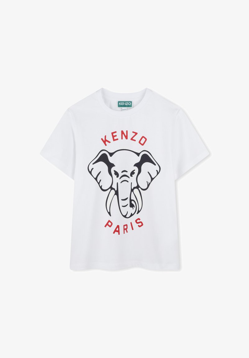 T-shirt en coton blanc avec un graphique d'éléphant noir et le texte rouge "KENZO" et "PARIS", col rond et manches courtes.