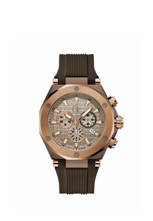 Men’s chronograph wristwatch with rose gold hexagonal case, brown rubber strap, multiple subdials, and date display set to 15.