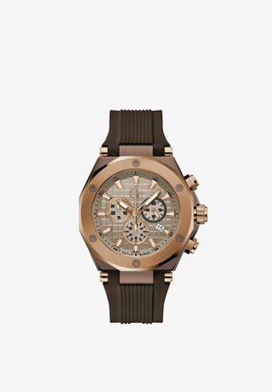 Men’s chronograph wristwatch with rose gold hexagonal case, brown rubber strap, multiple subdials, and date display set to 15.