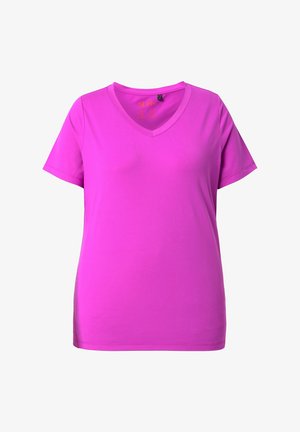 Lyserød kortærmet dames T-shirt med V-hals, glat stoftekstur og almindelig pasform.