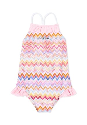 Maillot de bain sans manches pour filles avec motif zigzag coloré, bordure à volants rose en haut et en bas, et logo "MISSONI" sur la poitrine.