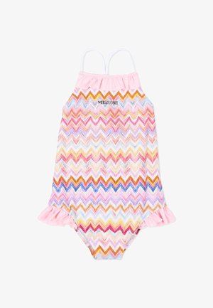 Costume da bagno smanicato per ragazze con motivo a zigzag colorato, rifinitura con volant rosa in alto e in basso e logo "MISSONI" sul petto.