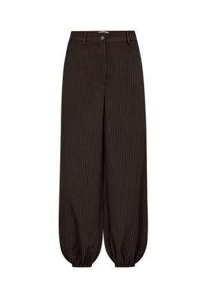 Donkerbruine broek met hoge taille en fijne strepen, met elastische boorden en riemlussen, voorzien van een voorste knoop- en ritssluiting.