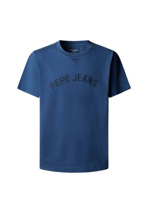 Marineblaues Baumwoll-T-Shirt mit Rundhalsausschnitt und kurzen Ärmeln. Auf der Brust befindet sich ein schwarzer, in Bogenform gedruckter Schriftzug "PEPE JEANS".