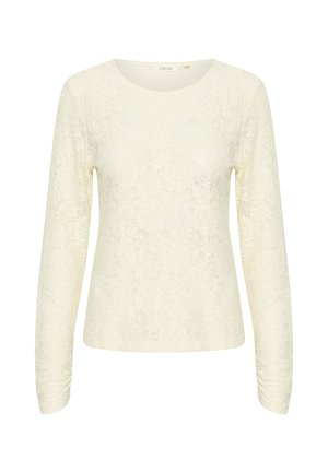 Pika pikkade varrukatega topp heleses vokis, millel on ümmargune kaelus ja tekstuuriga lillemuster üle kogu. Pehme, läbipaistev kangas ja istuvad varrukad.