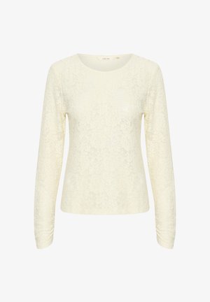 Pika pikkade varrukatega topp heleses vokis, millel on ümmargune kaelus ja tekstuuriga lillemuster üle kogu. Pehme, läbipaistev kangas ja istuvad varrukad.