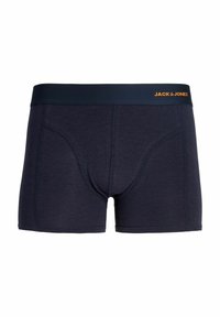 Boxer bleu foncé pour homme avec des coutures visibles et une ceinture noire portant le logo orange « JACK & JONES » à l'avant droite.